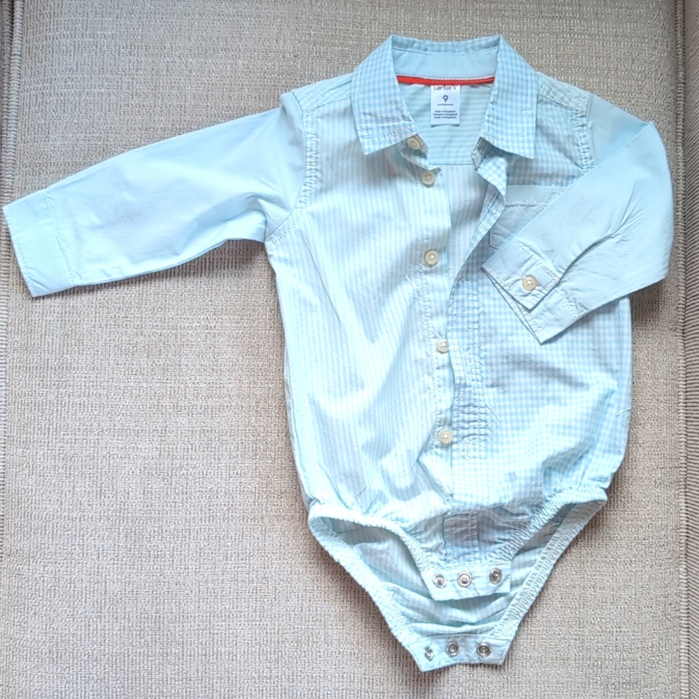 Carter's 9 months Light Blue Striped/Checked Romper